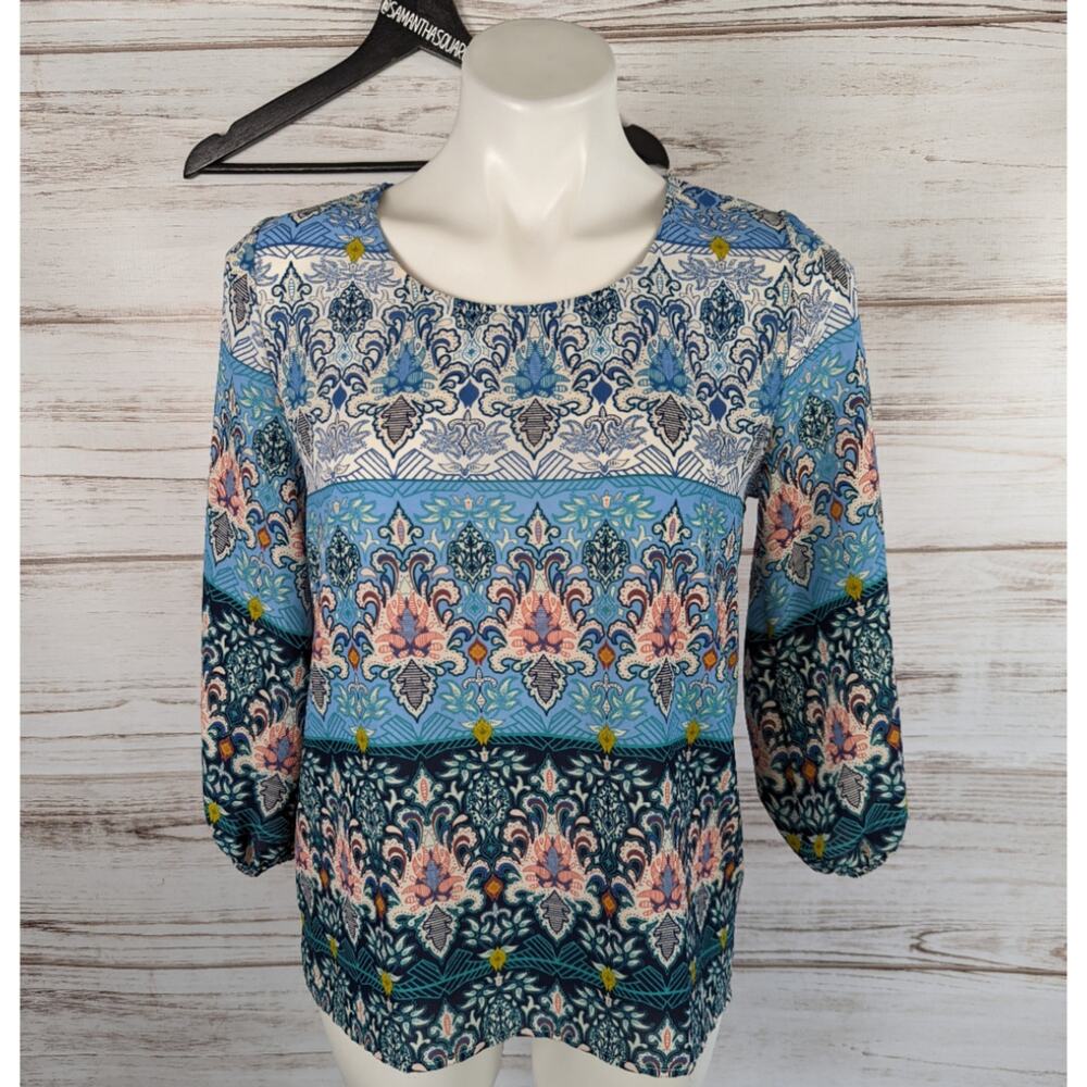 Le Kate Cold Shoulder Printed Loose Fit Crew Neck Blouse Sz Small